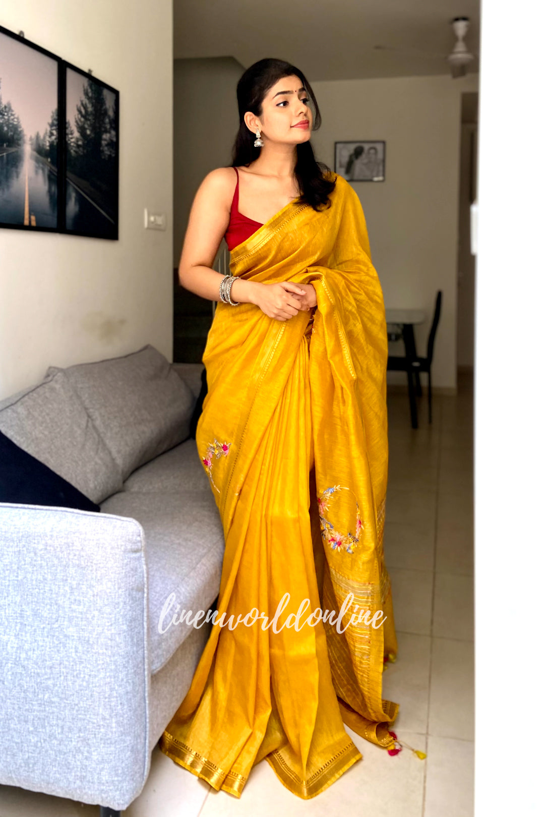 mustard yellow embroidered french knot silk linen saree - linenworldonline.in