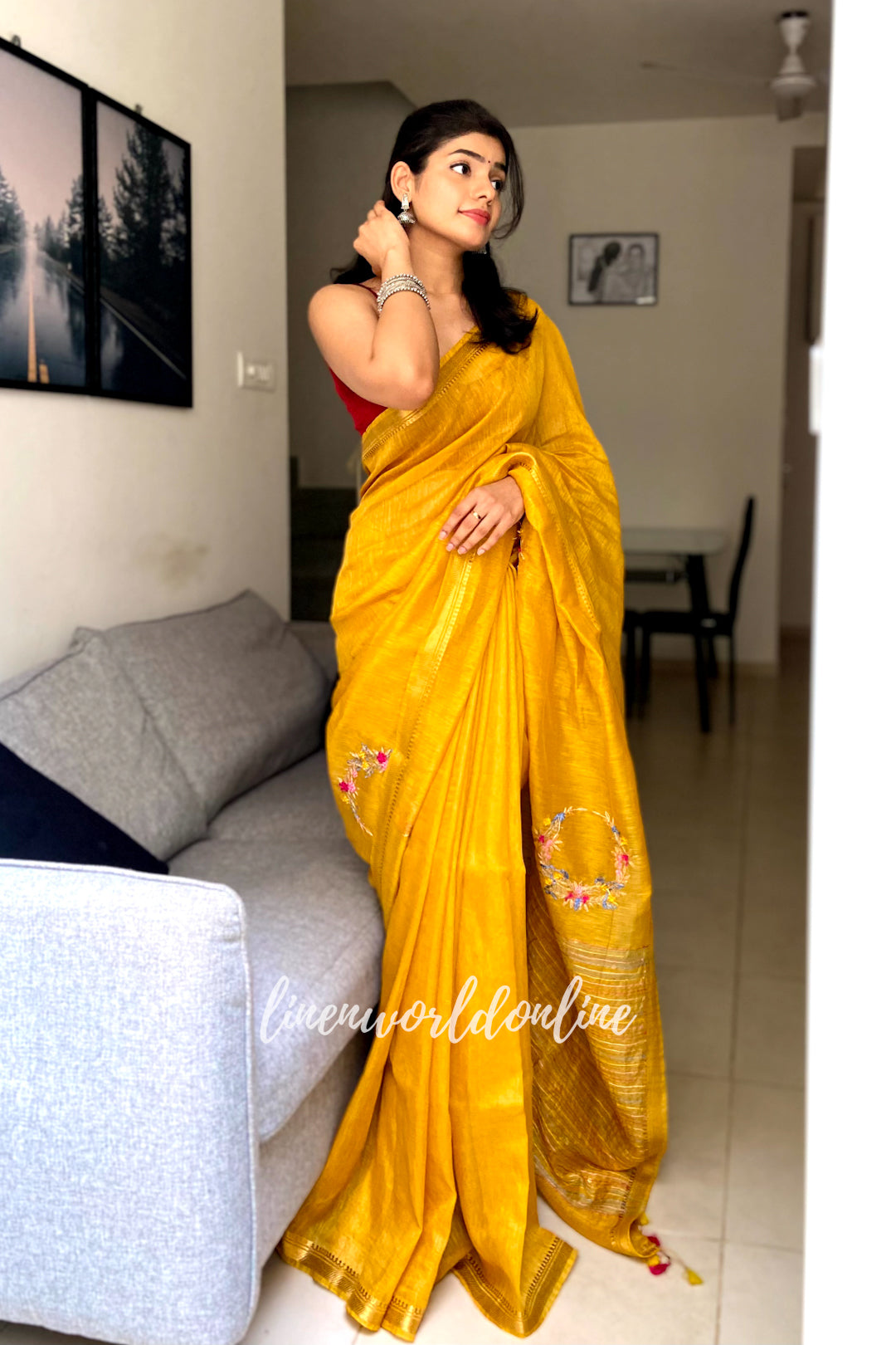 mustard yellow embroidered french knot silk linen saree - linenworldonline.in