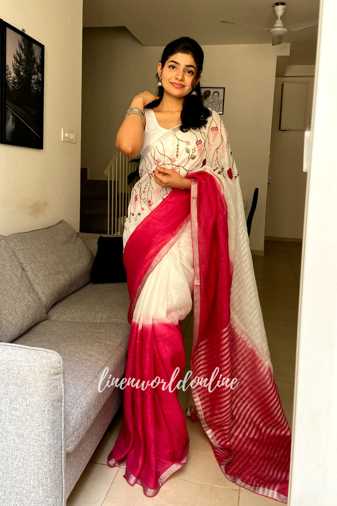 kavya - french knot embroidered linen saree - linenworldonline.in