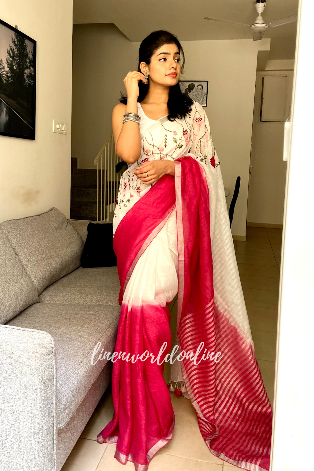 kavya - french knot embroidered linen saree - linenworldonline.in