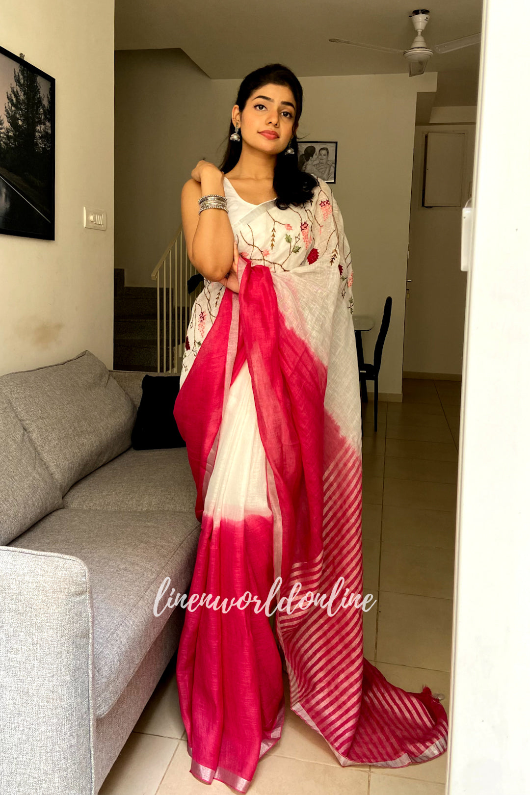 kavya - french knot embroidered linen saree - linenworldonline.in