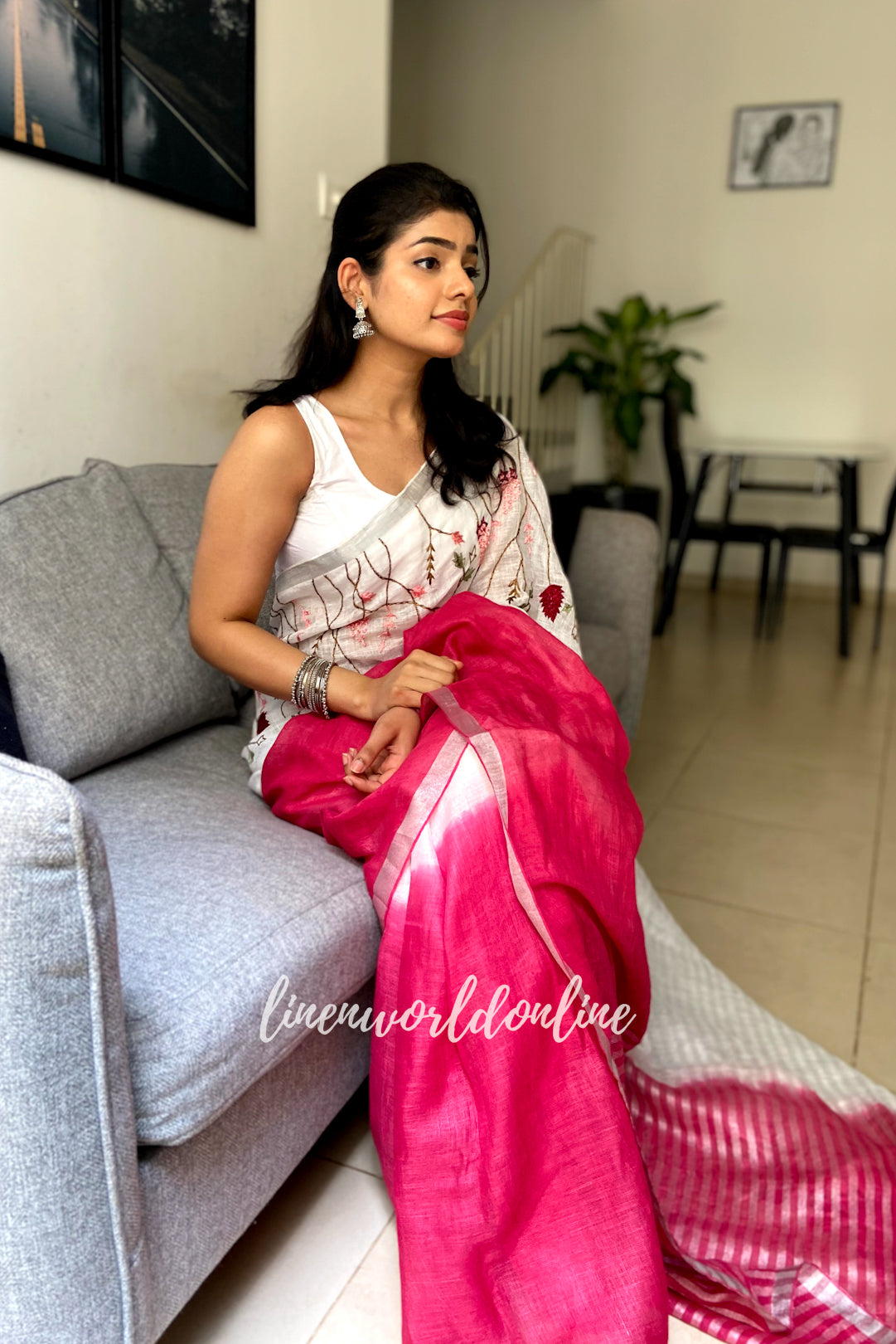 kavya - french knot embroidered linen saree - linenworldonline.in
