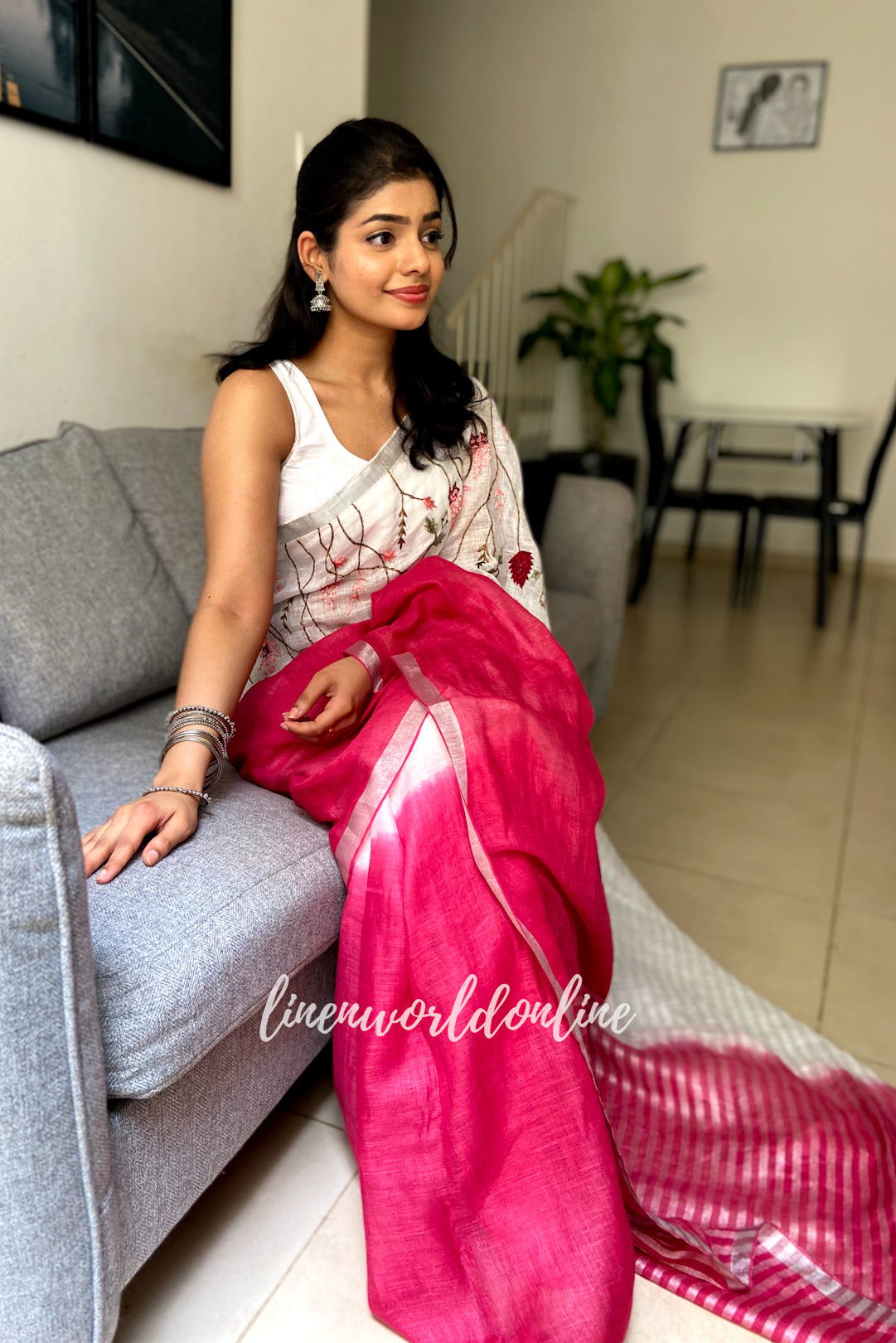 kavya - french knot embroidered linen saree - linenworldonline.in