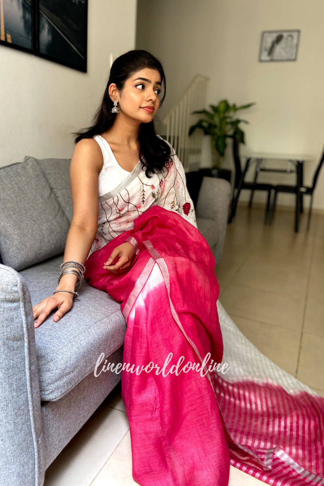 kavya - french knot embroidered linen saree - linenworldonline.in
