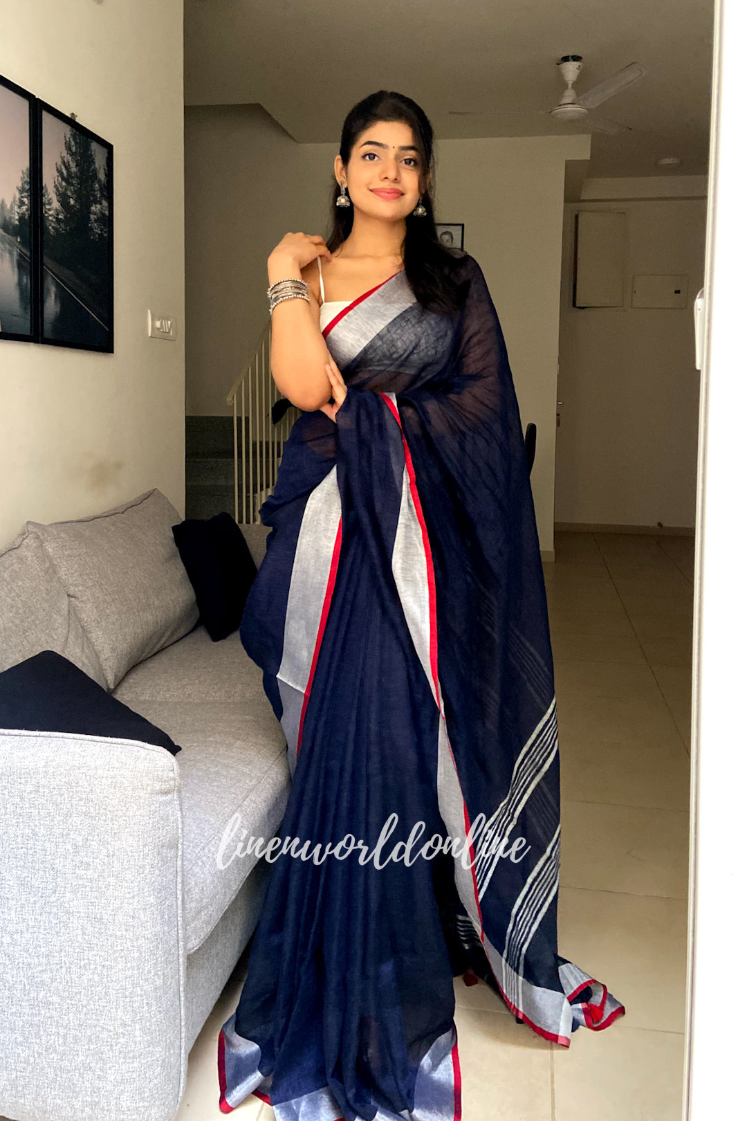 avantika - navy blue organic pure linen saree - linenworldonline