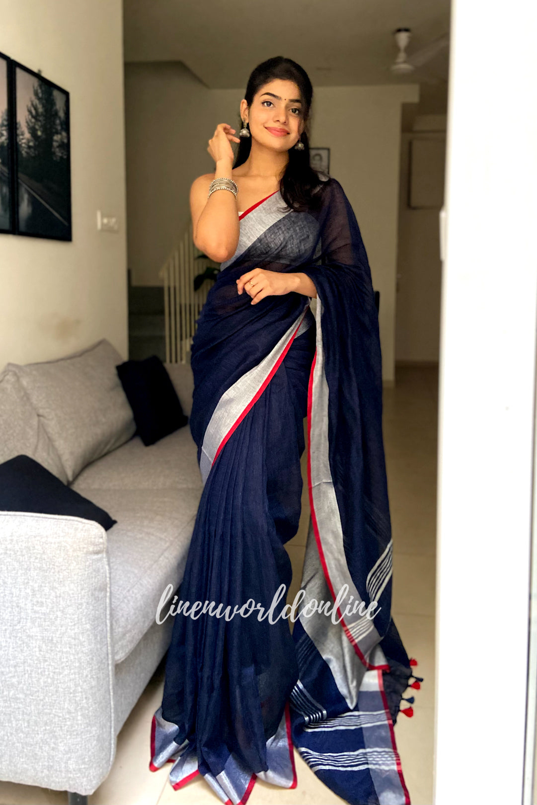 avantika - navy blue organic pure linen saree - linenworldonline