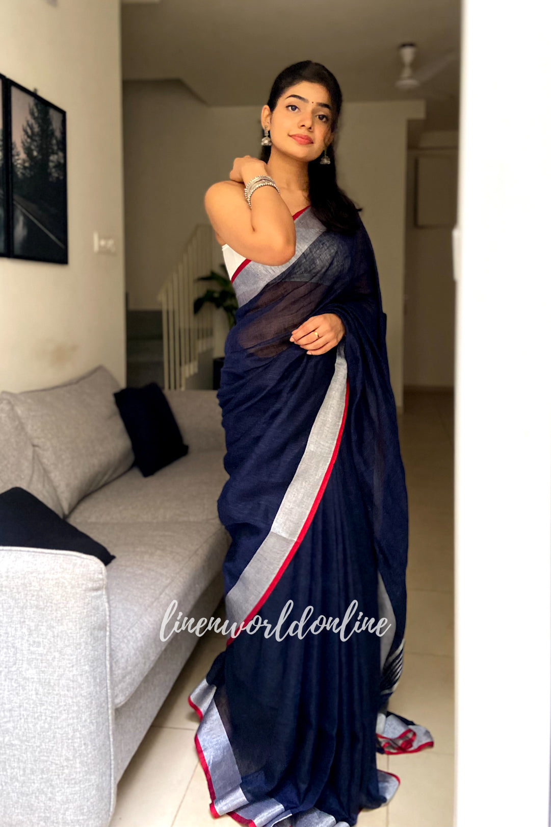 avantika - navy blue organic pure linen saree - linenworldonline