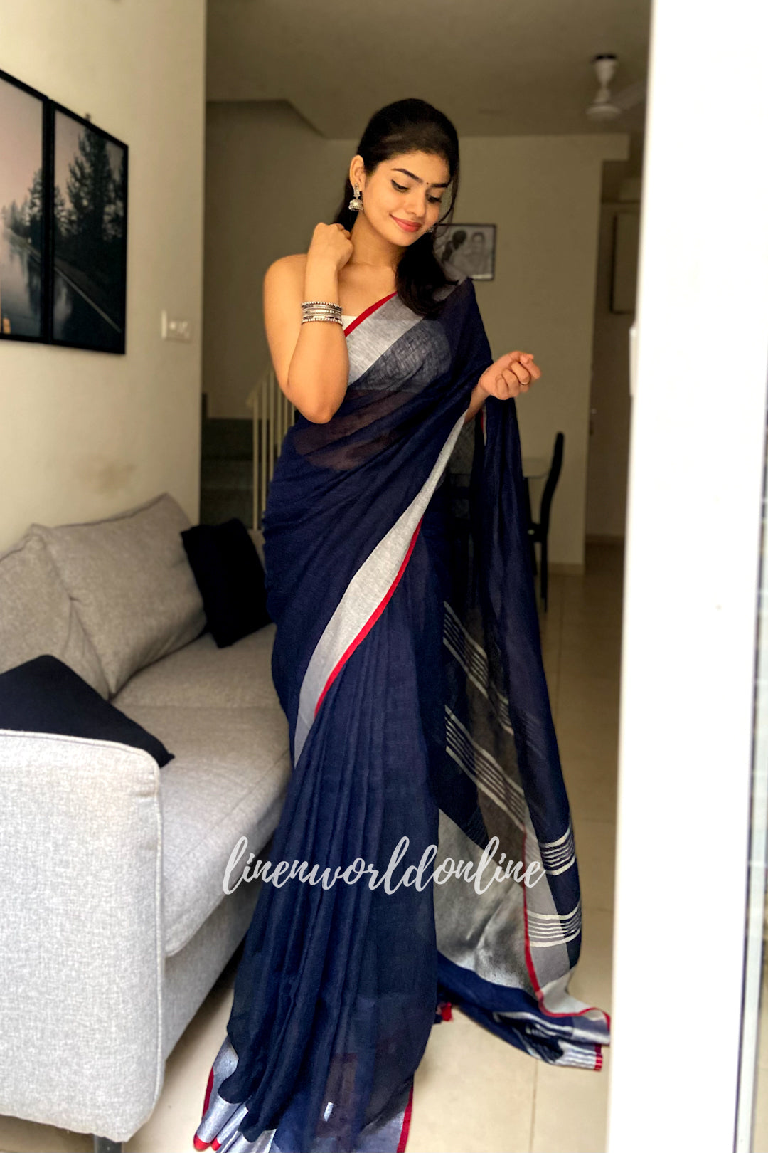 avantika - navy blue organic pure linen saree - linenworldonline