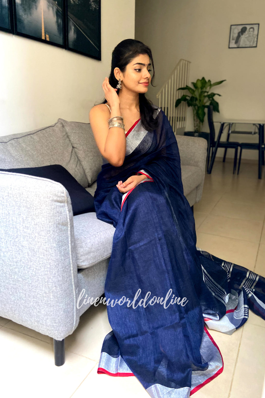 avantika - navy blue organic pure linen saree - linenworldonline