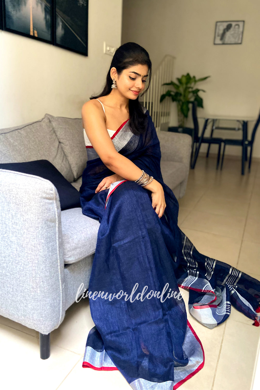 avantika - navy blue organic pure linen saree - linenworldonline