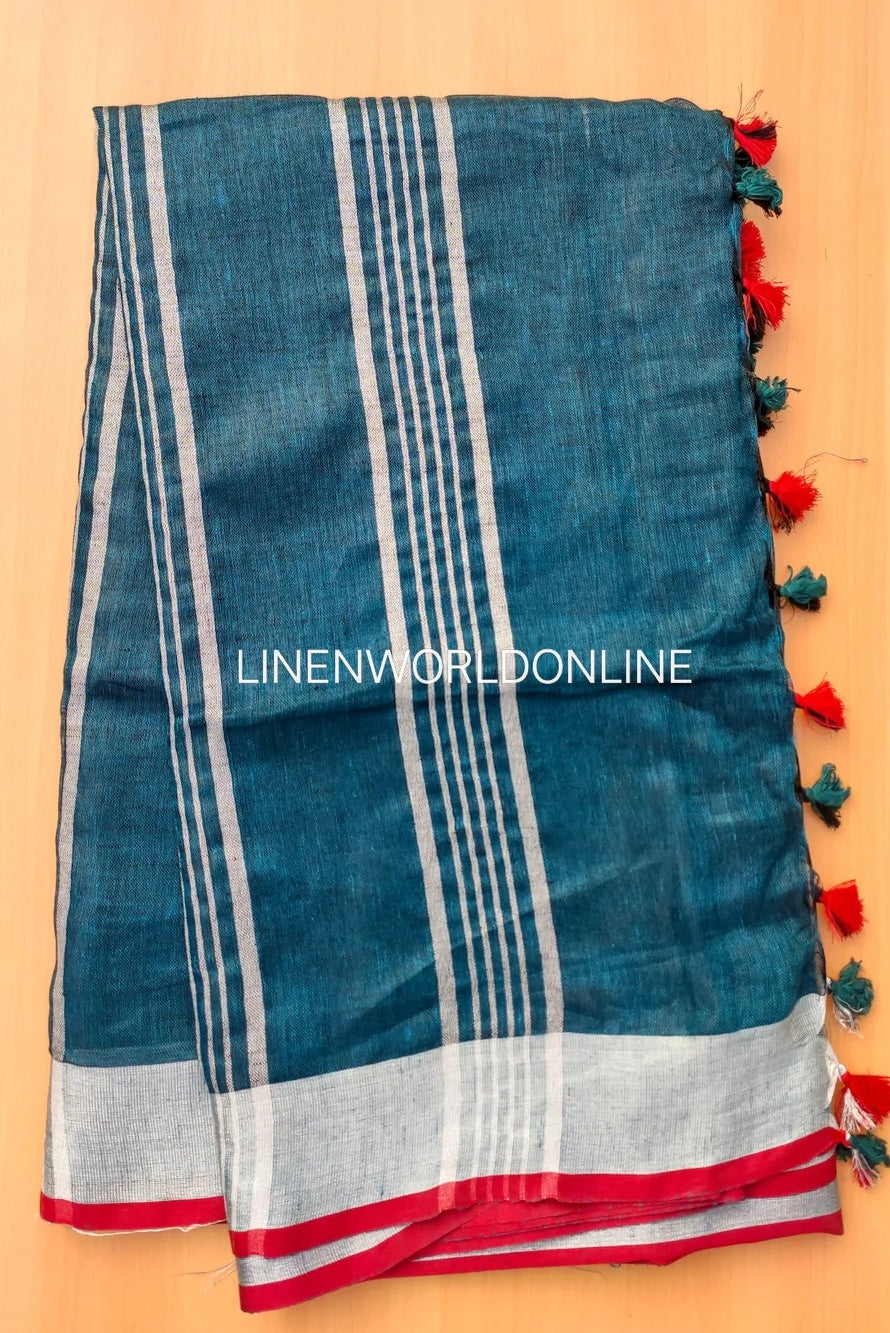 gayatri - teal blue organic pure linen saree - linenworldonline.in
