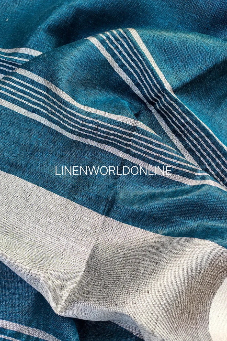gayatri - teal blue organic pure linen saree - linenworldonline.in