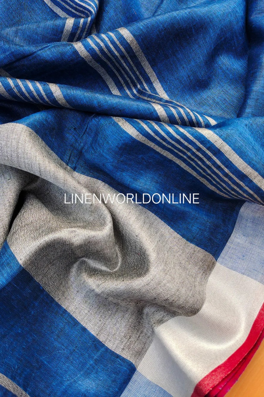 chitrangada - royal blue organic pure linen saree - linenworldonline.in
