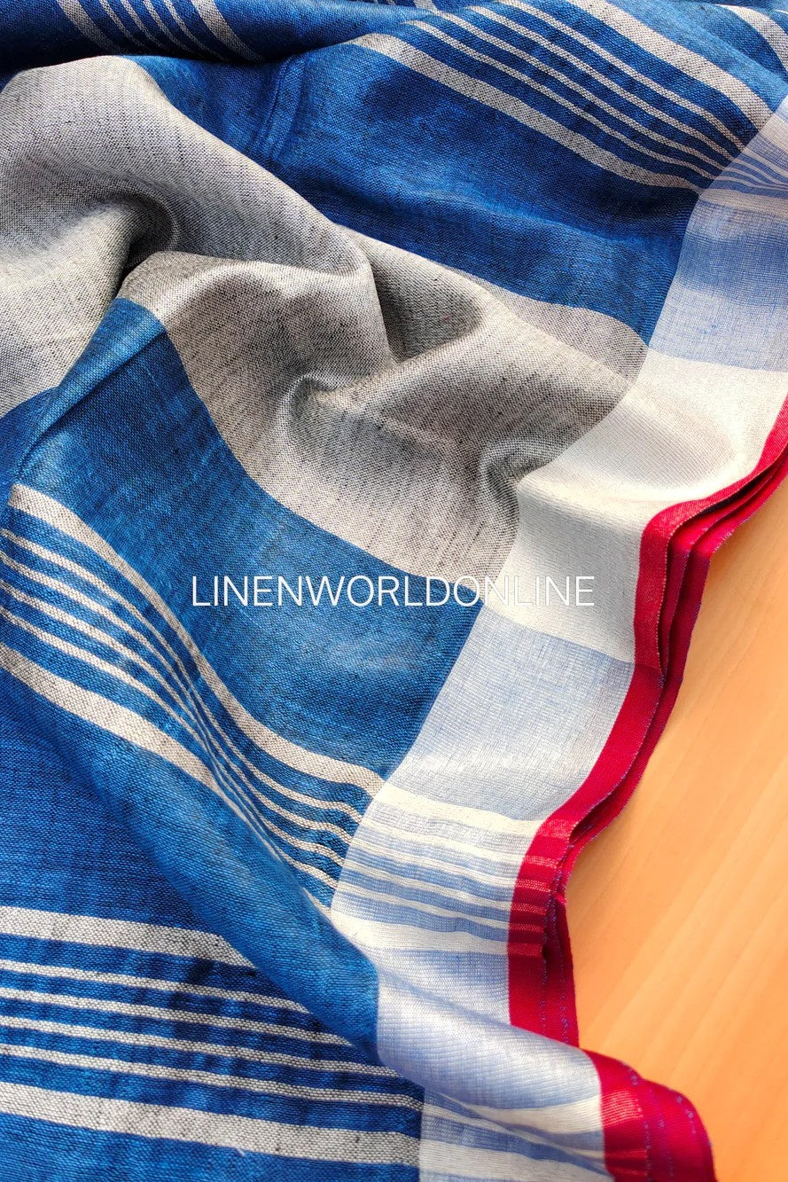 chitrangada - royal blue organic pure linen saree - linenworldonline.in