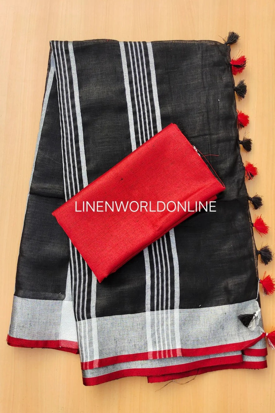 swarnalata black organic pure linen saree - linenworldonline.in