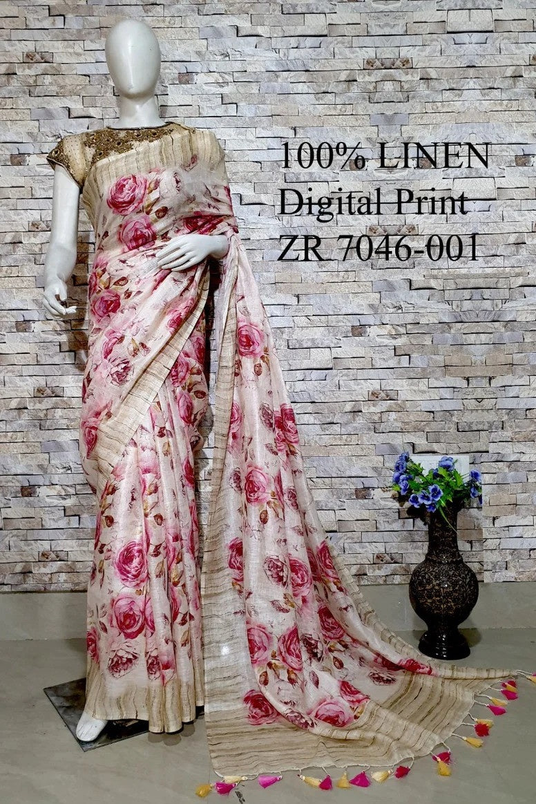 cream digital printed handloom pure linen saree - linenworldonline.in