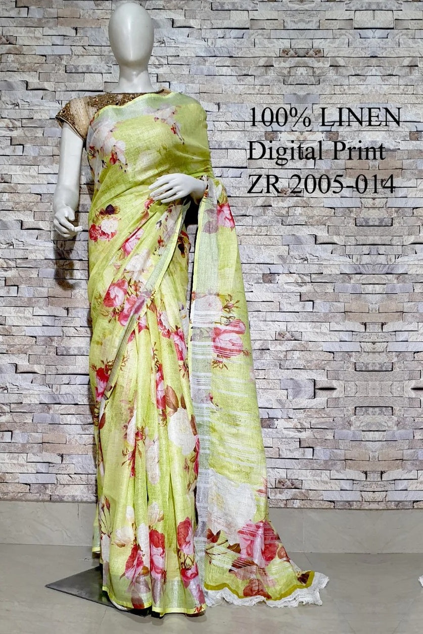 lemon yellow digital printed handloom pure linen saree - linenworldonline.in