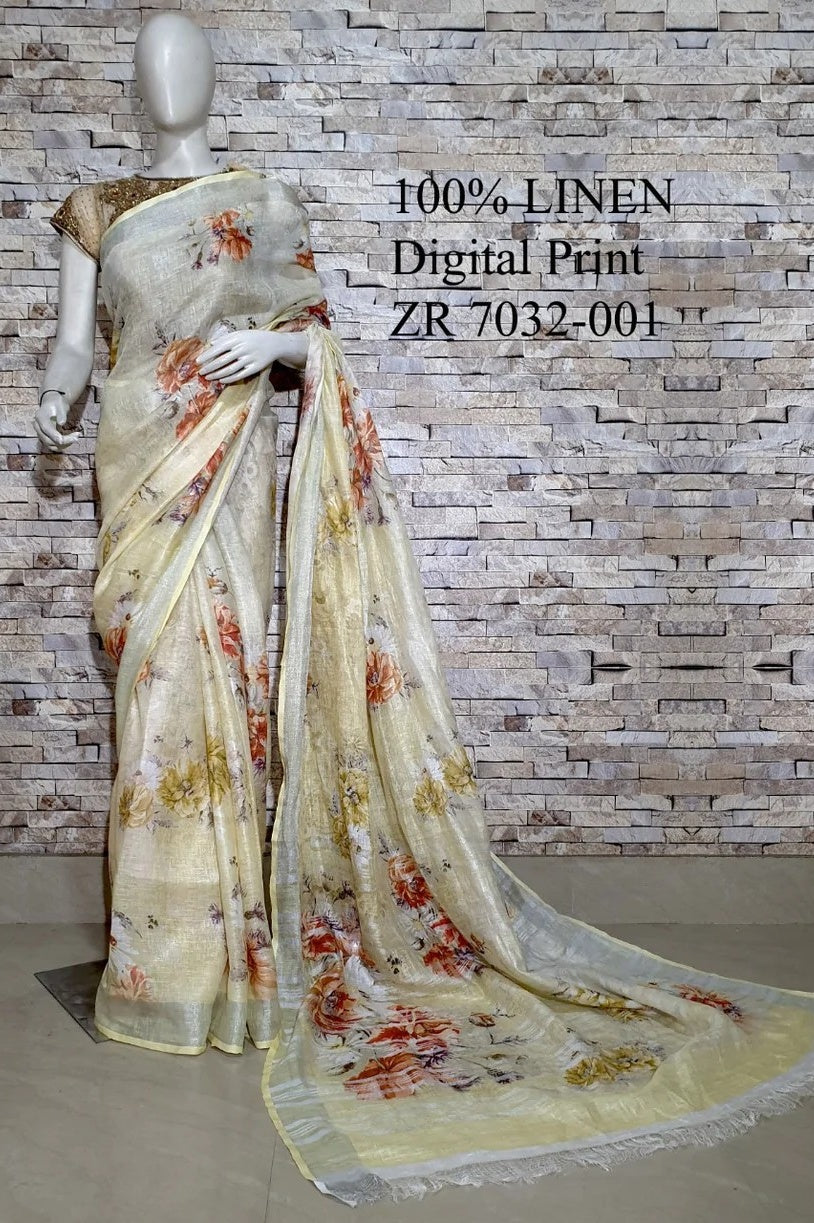 pale yellow digital printed handloom pure linen saree - linenworldonline.in
