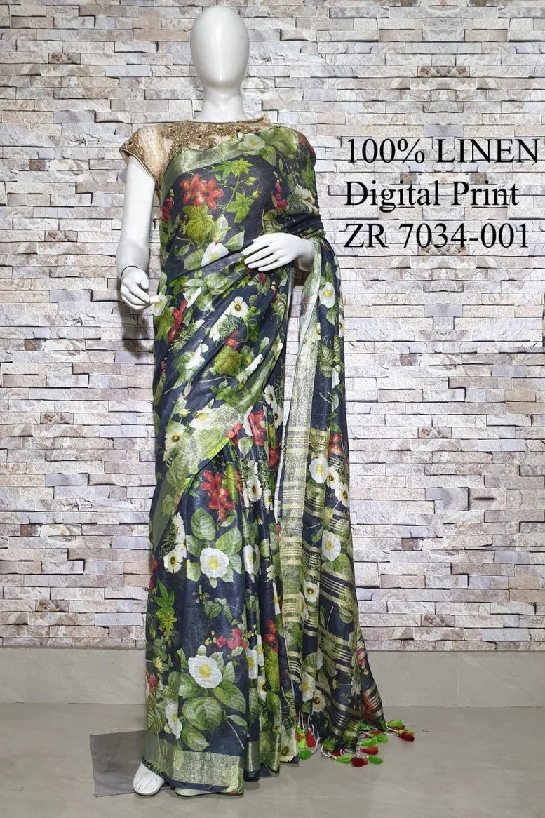 black floral digital printed handloom pure linen saree - linenworldonline.in