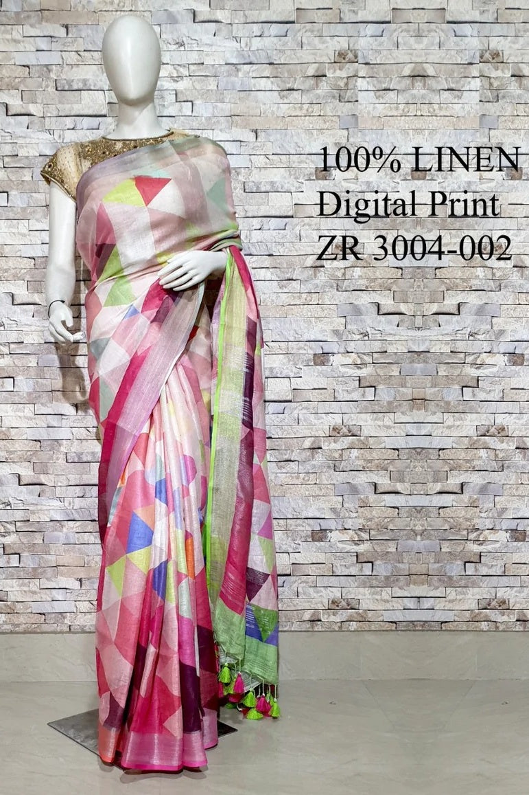 pink geometrical digital printed handloom pure linen saree - linenworldonline.in