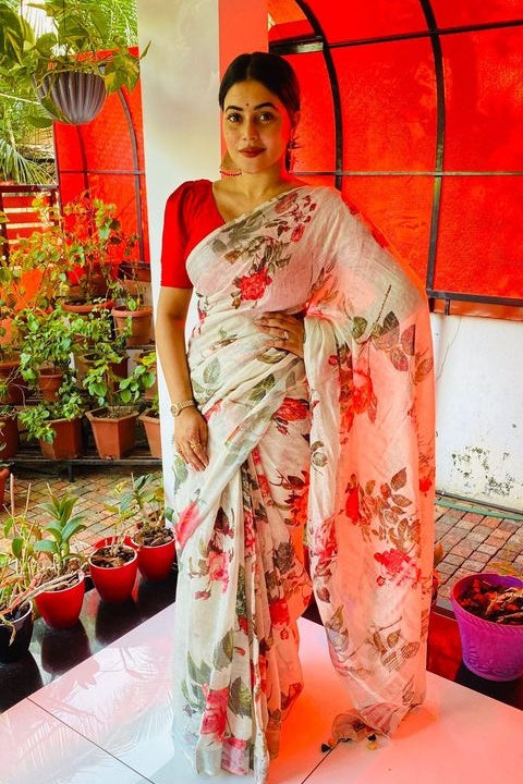 shamna kasim off white digital printed handloom pure linen saree - linenworldonline.in