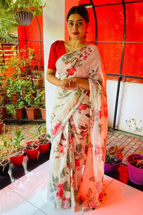 shamna kasim off white digital printed handloom pure linen saree - linenworldonline.in