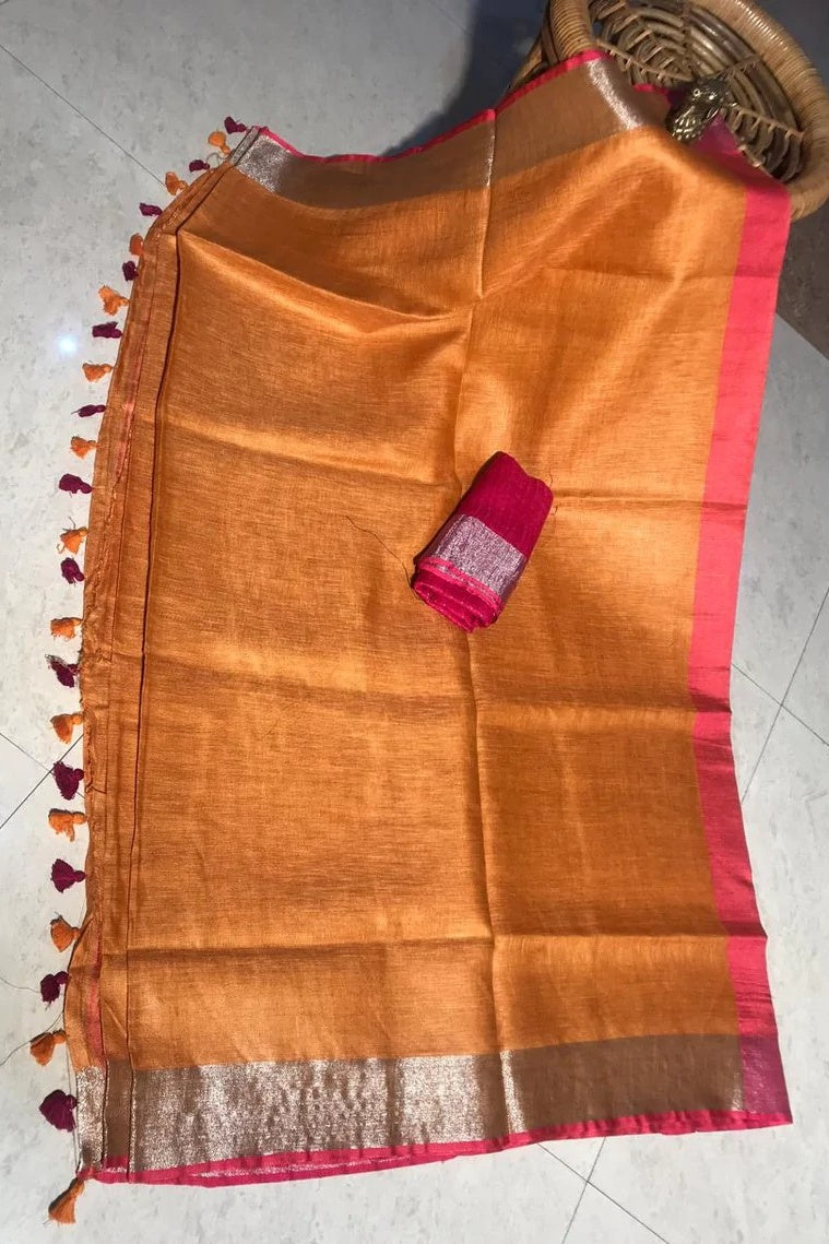 dull orange pure linen saree - linenworldonline.in