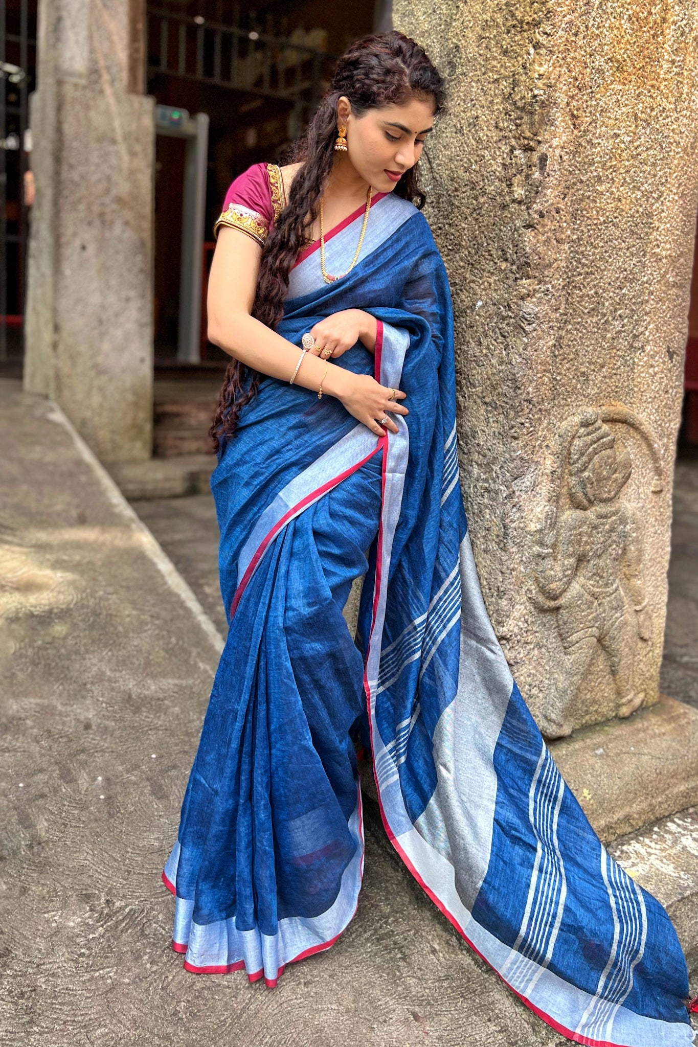 chitrangada - royal blue organic pure linen saree - linenworldonline.in