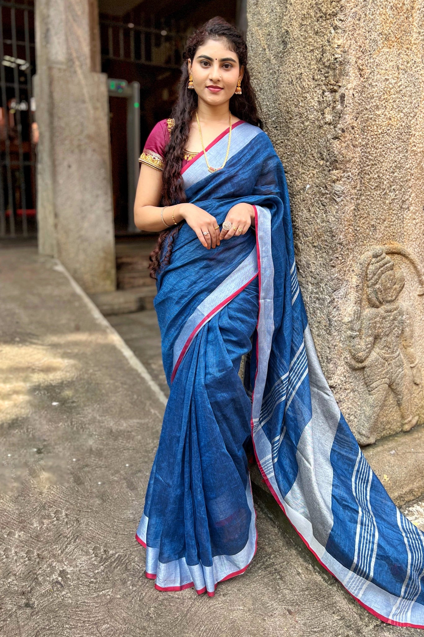 chitrangada - royal blue organic pure linen saree - linenworldonline.in