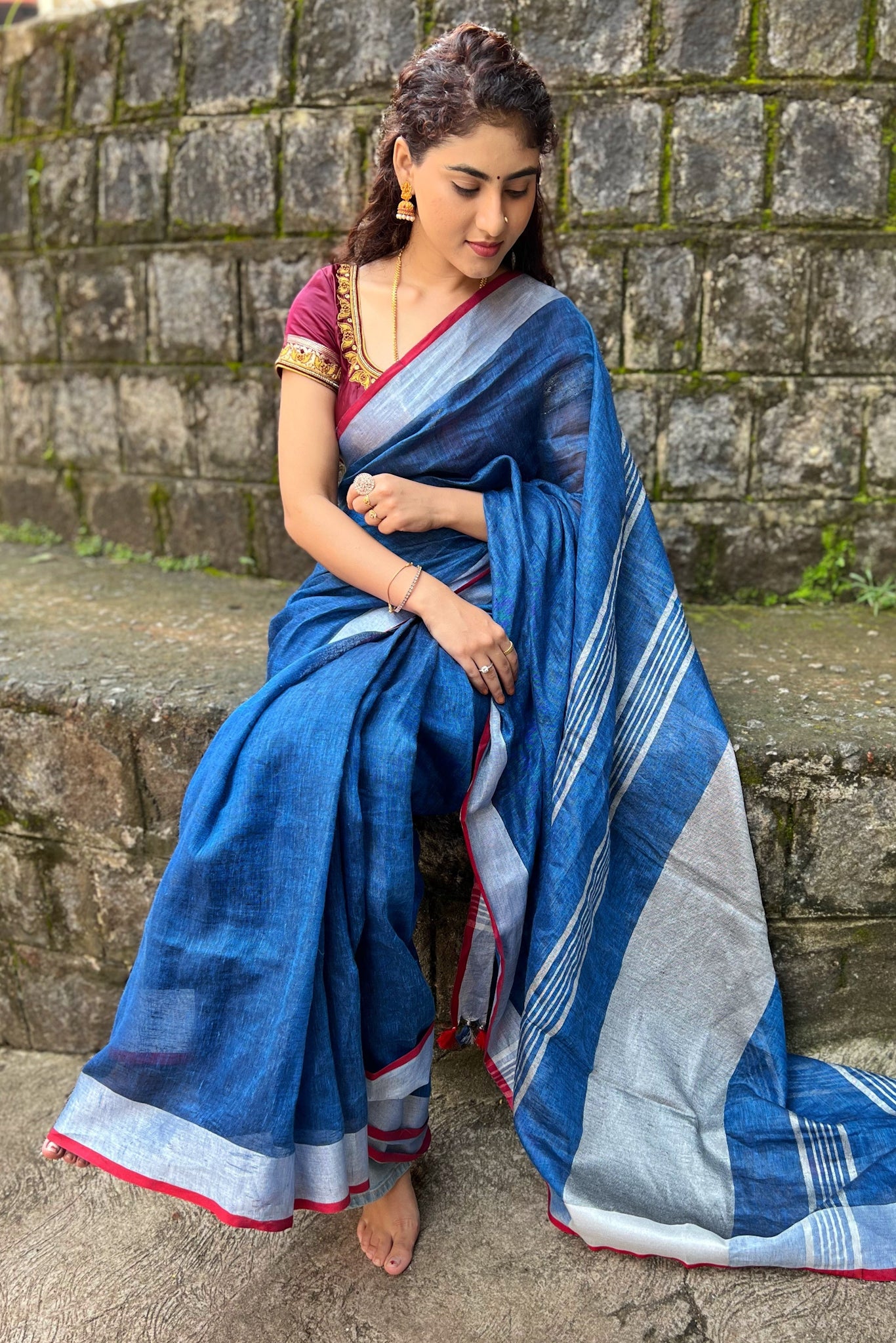 chitrangada - royal blue organic pure linen saree - linenworldonline.in