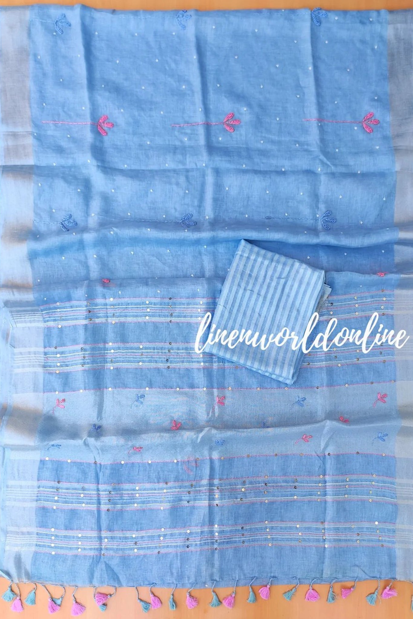 blue french knot hand embroidered pure linen saree - linenworldonline.in