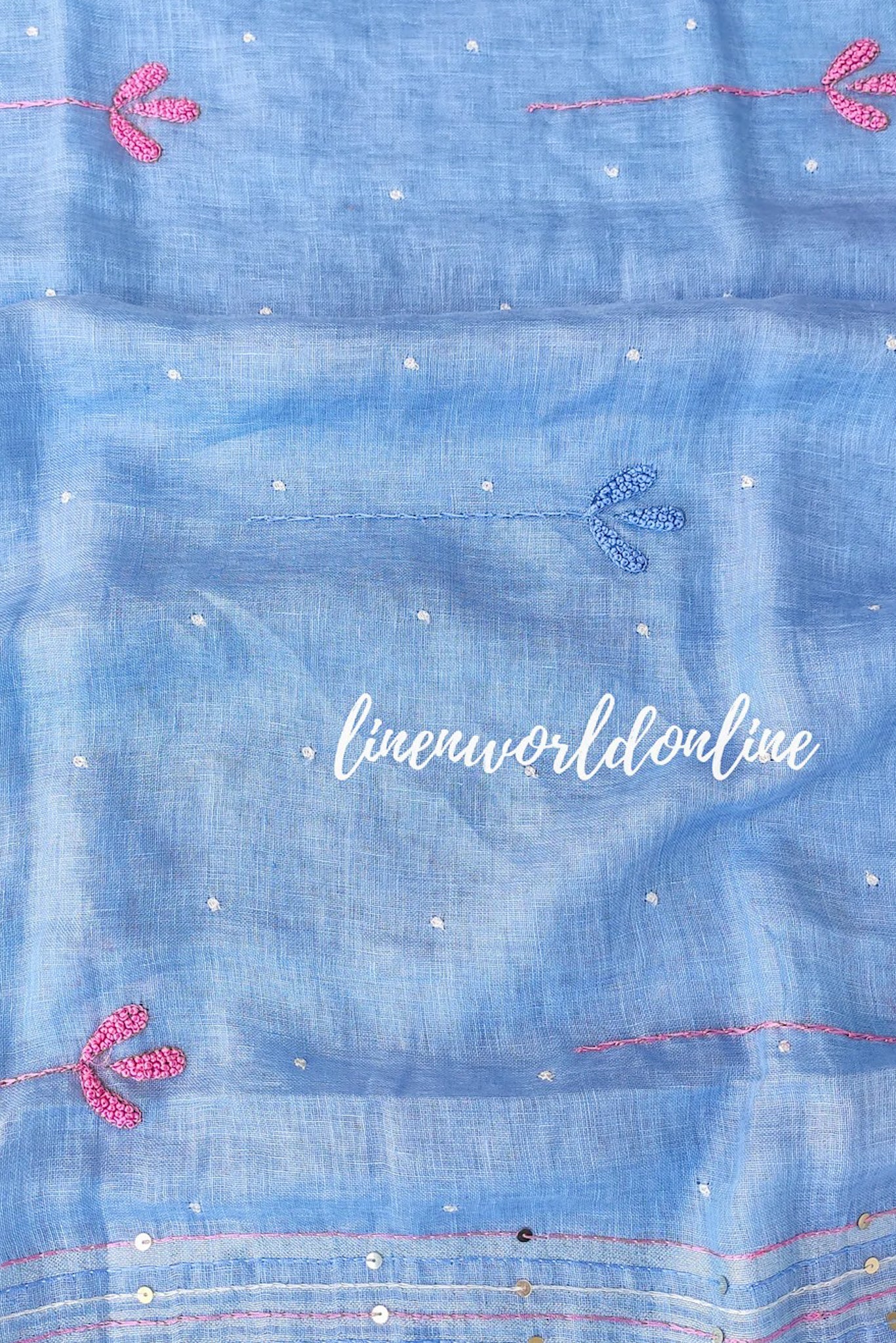 blue french knot hand embroidered pure linen saree - linenworldonline.in