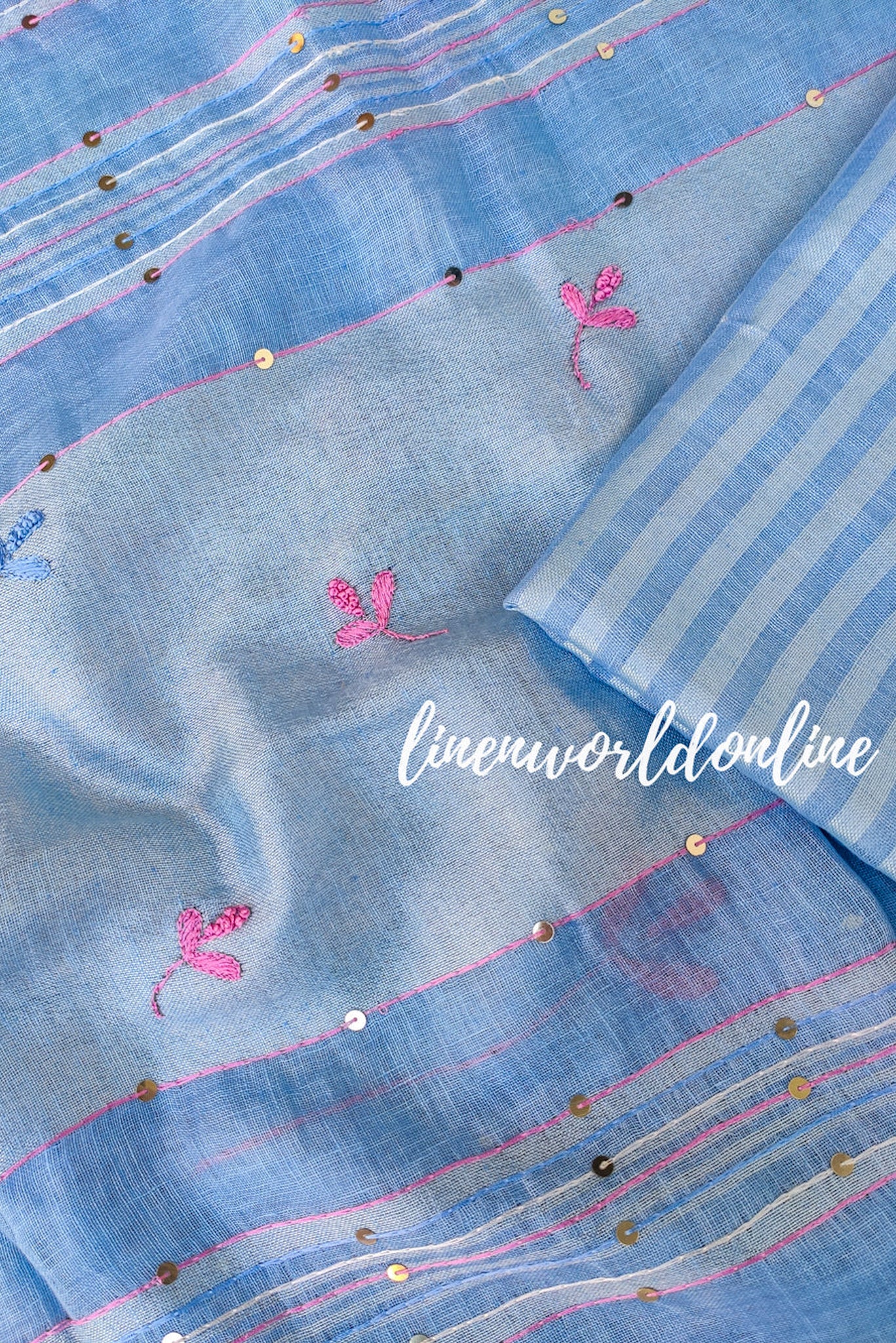 blue french knot hand embroidered pure linen saree - linenworldonline.in