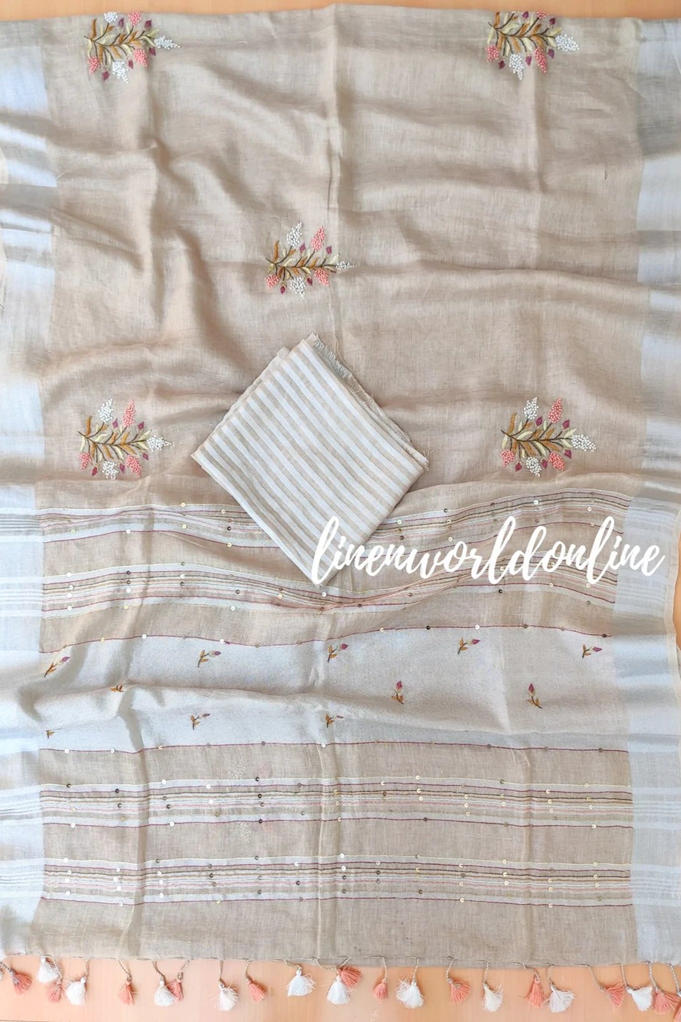 beige french knot embroidered handloom linen saree - linenworldonline.in