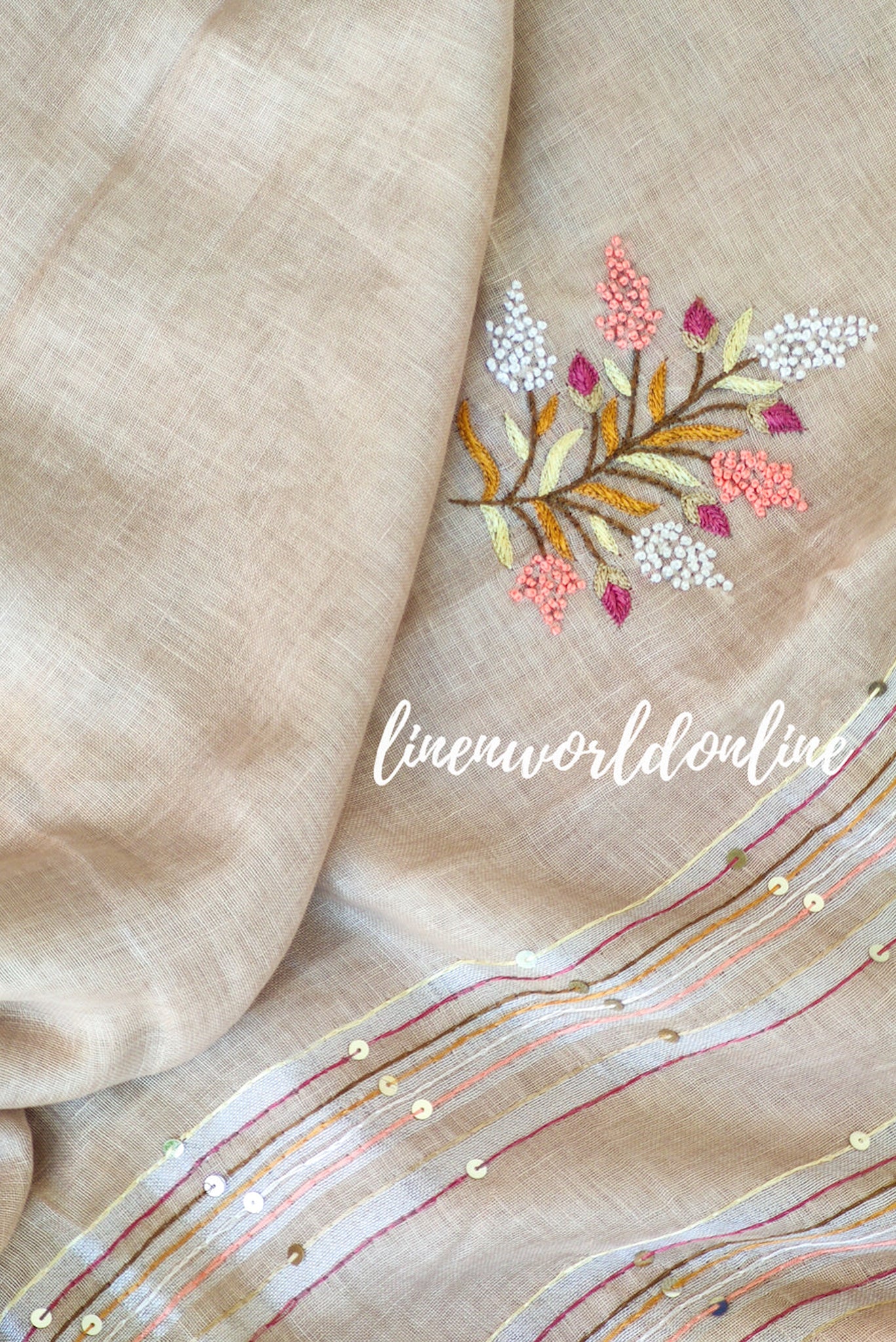 beige french knot embroidered handloom linen saree - linenworldonline.in