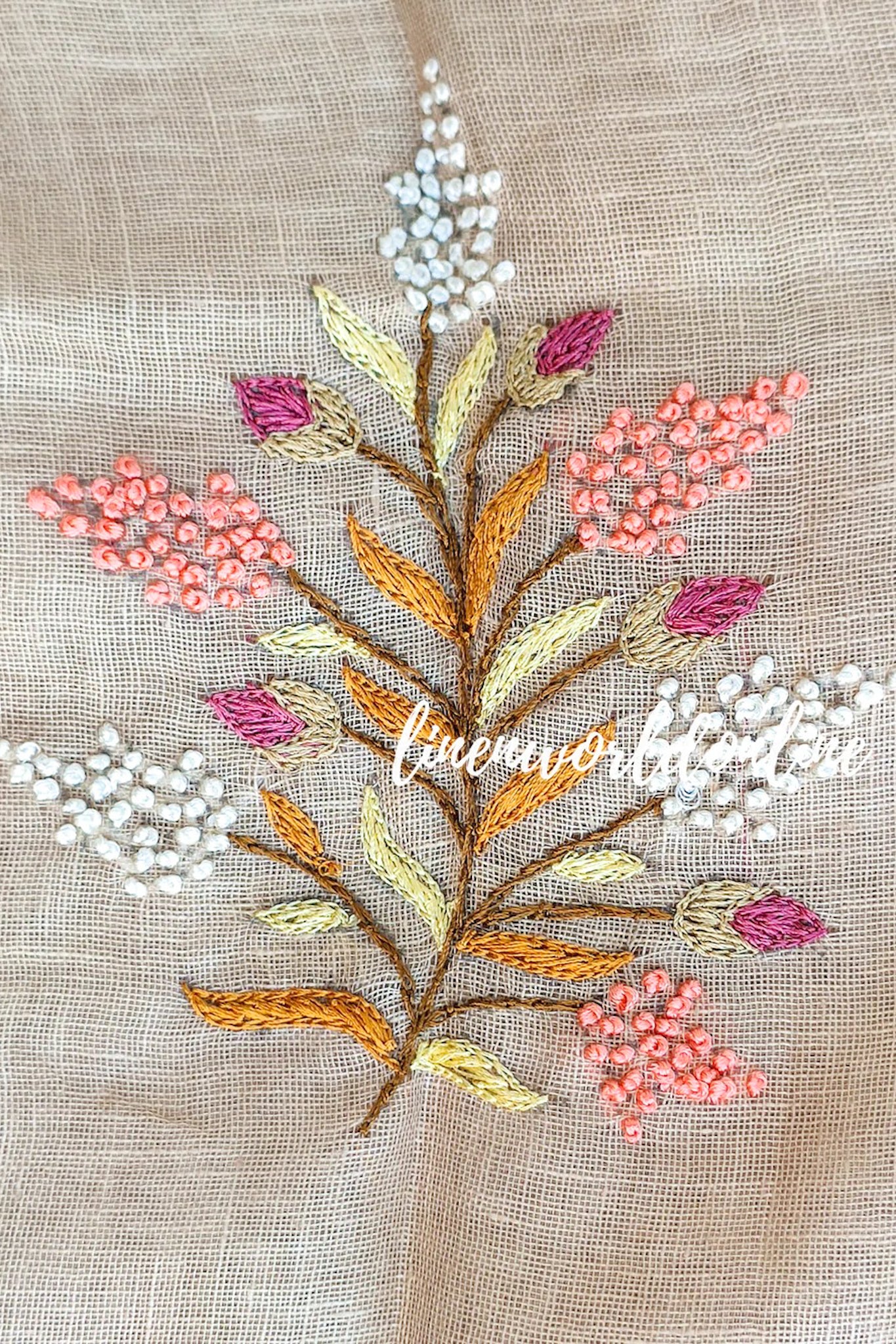 beige french knot embroidered handloom linen saree - linenworldonline.in