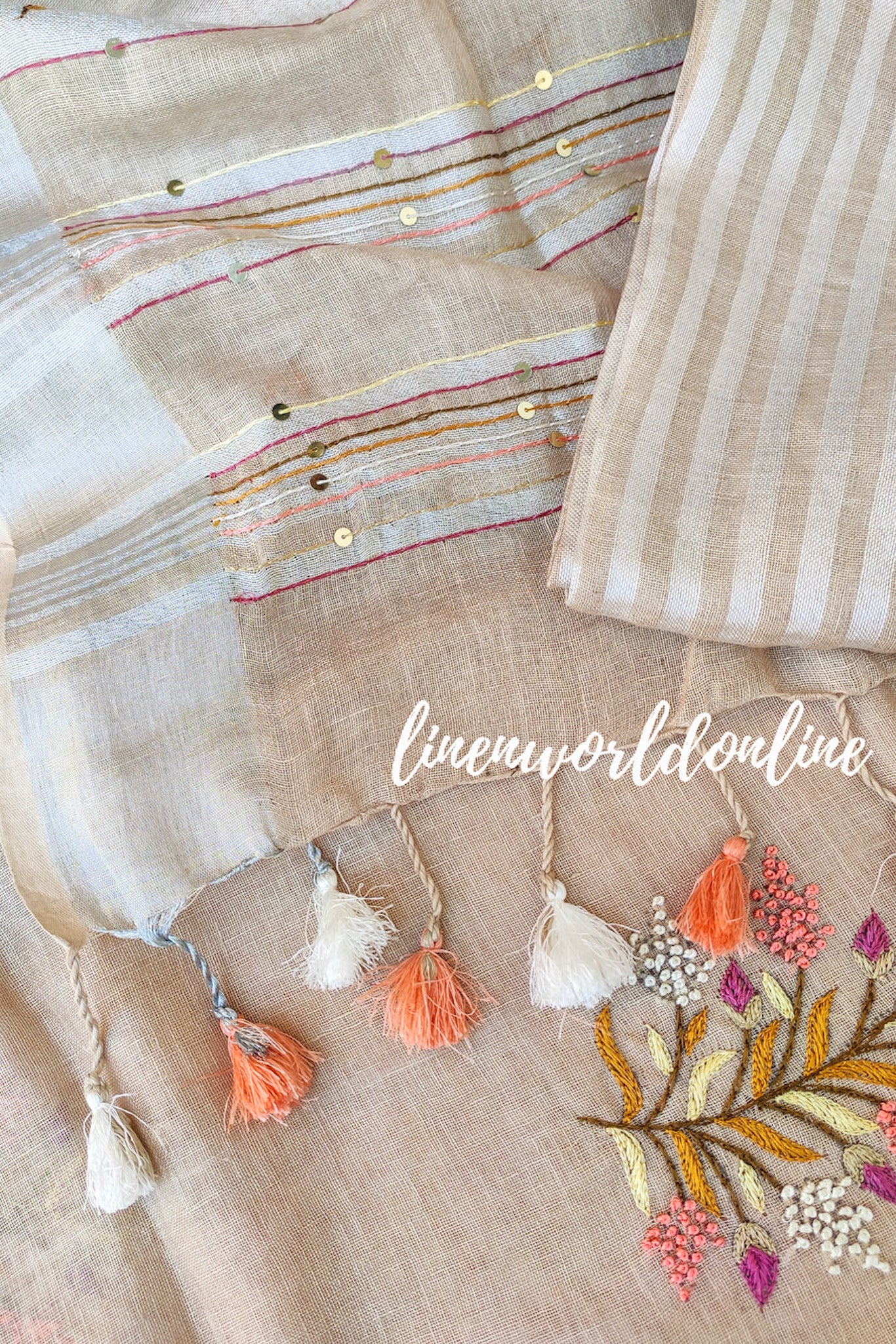 beige french knot embroidered handloom linen saree - linenworldonline.in