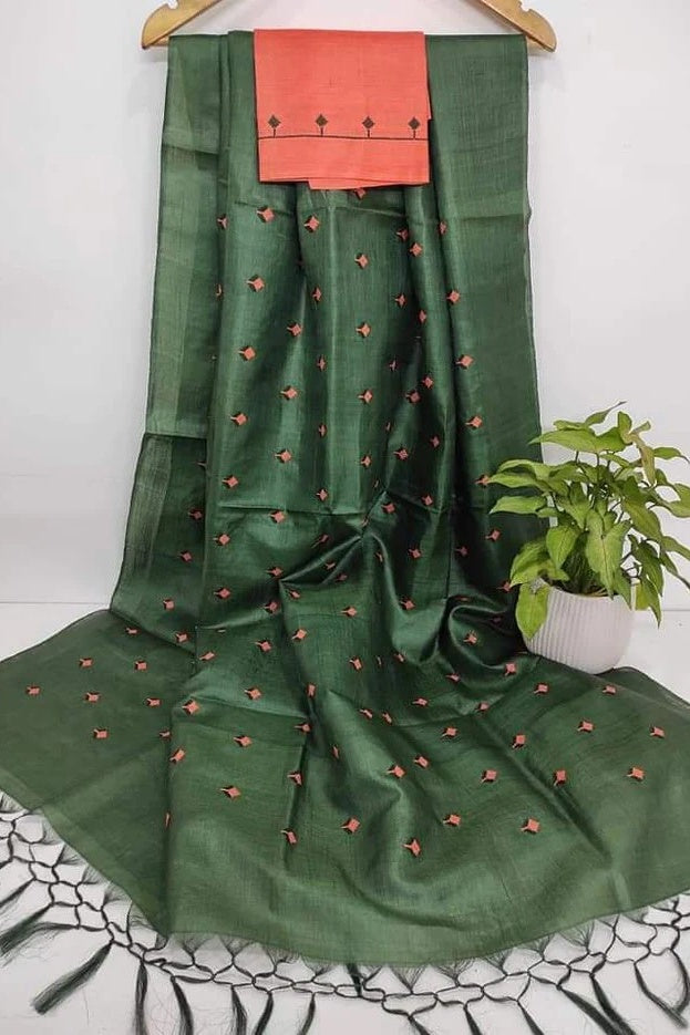 green digital embroidered katan silk saree - linenworldonline.in