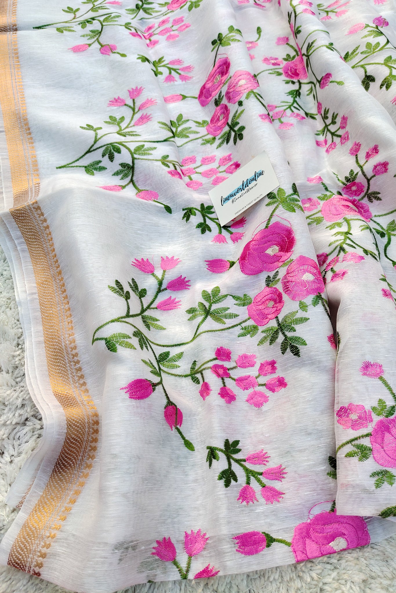 rossie- white silk linen floral embroidered saree - linenworldonline.in