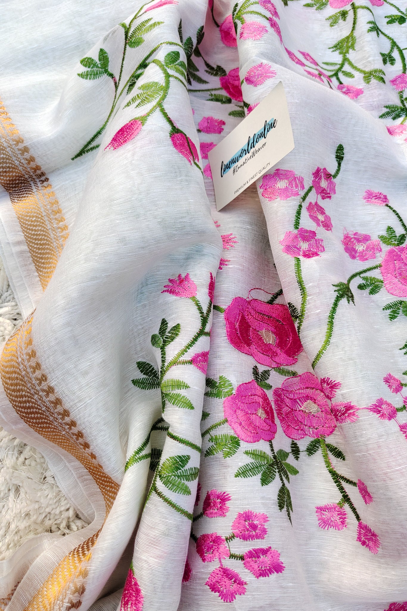 rossie- white silk linen floral embroidered saree - linenworldonline.in