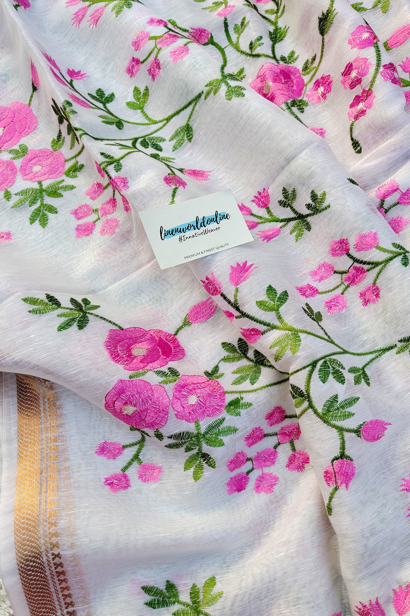 rossie- white silk linen floral embroidered saree - linenworldonline.in