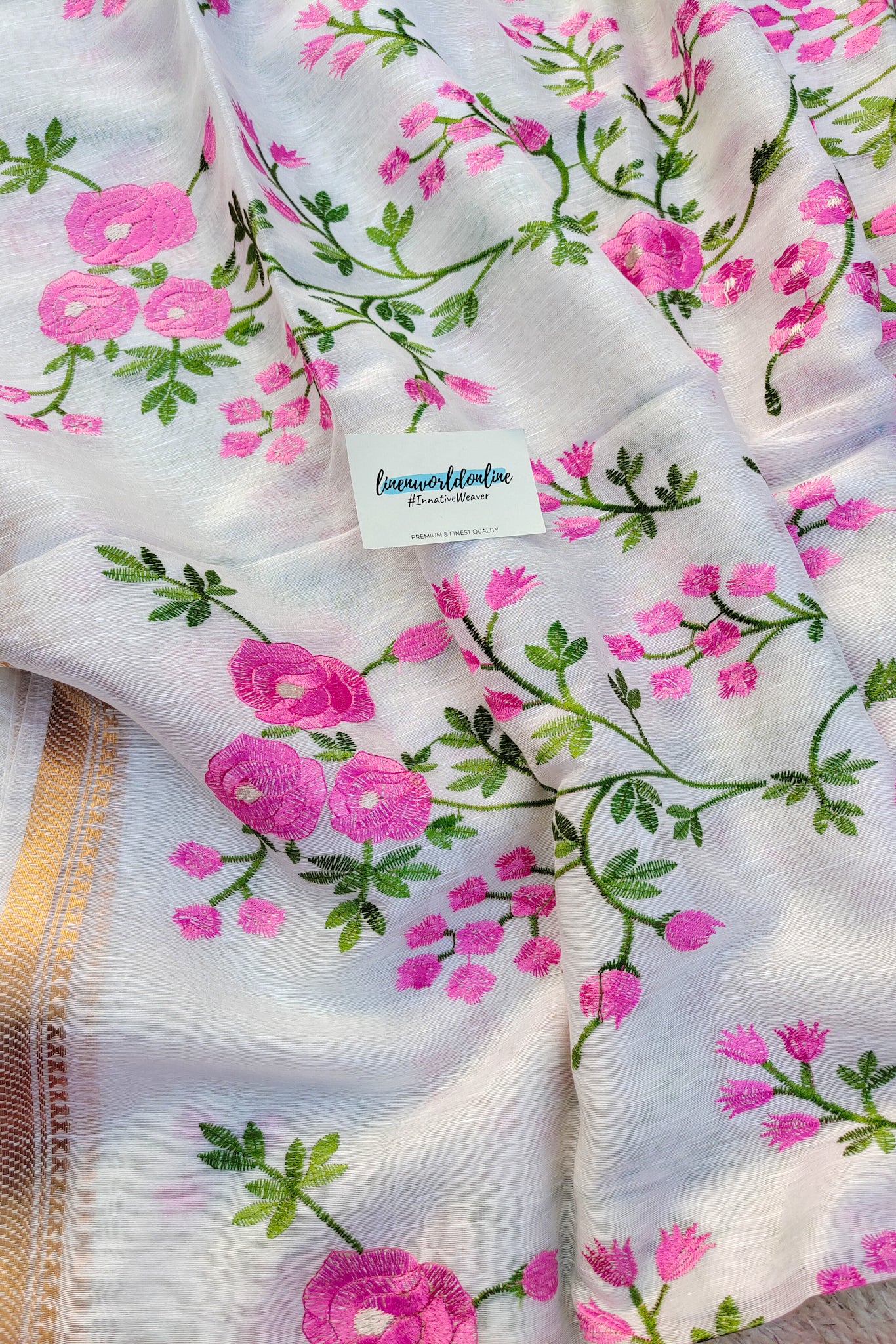 rossie- white silk linen floral embroidered saree - linenworldonline.in