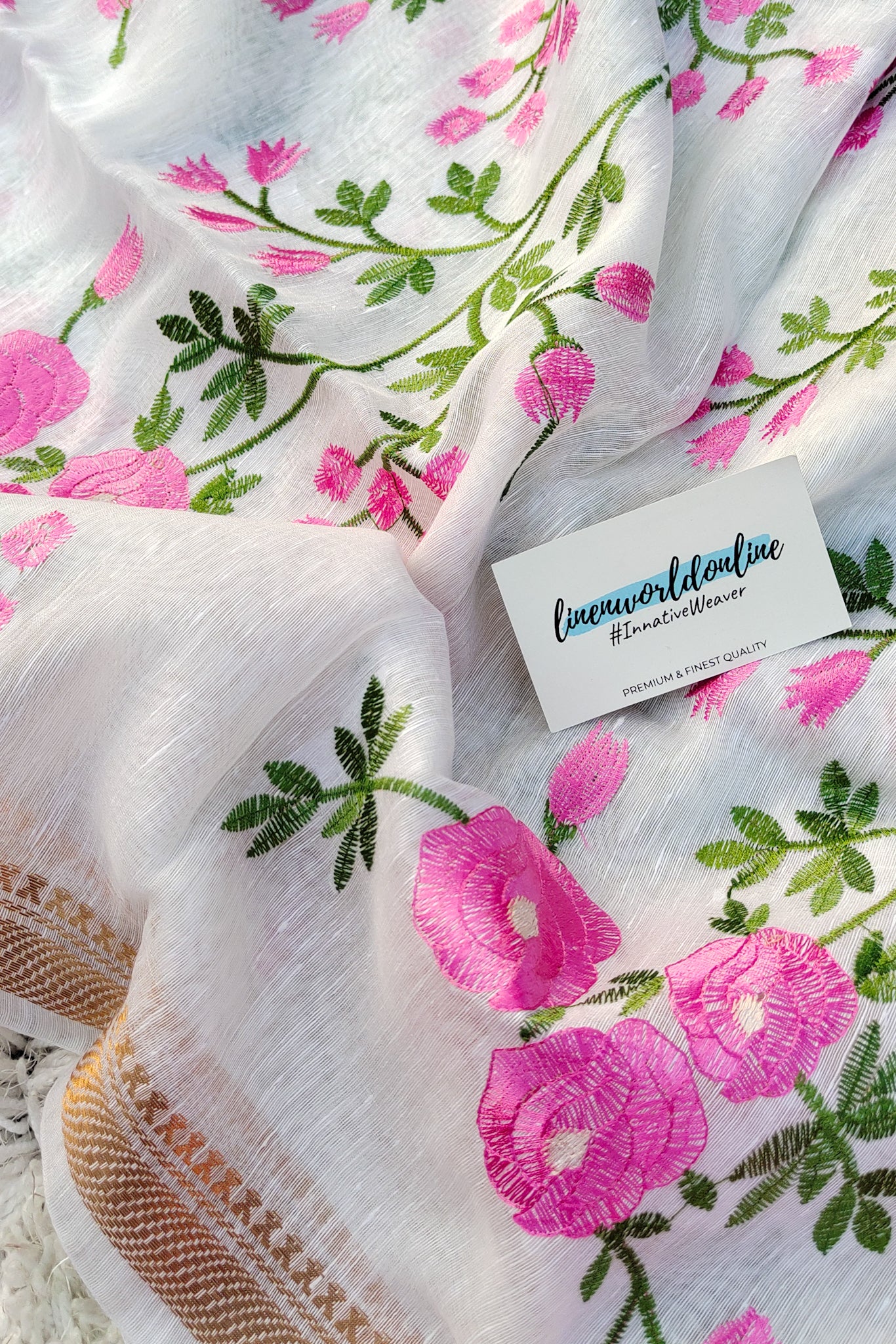 rossie- white silk linen floral embroidered saree - linenworldonline.in