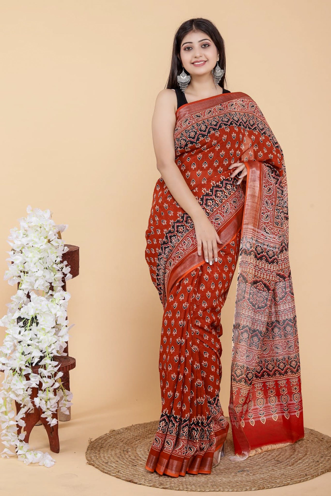 saisha - block printed semi linen saree - linenworldonline.in