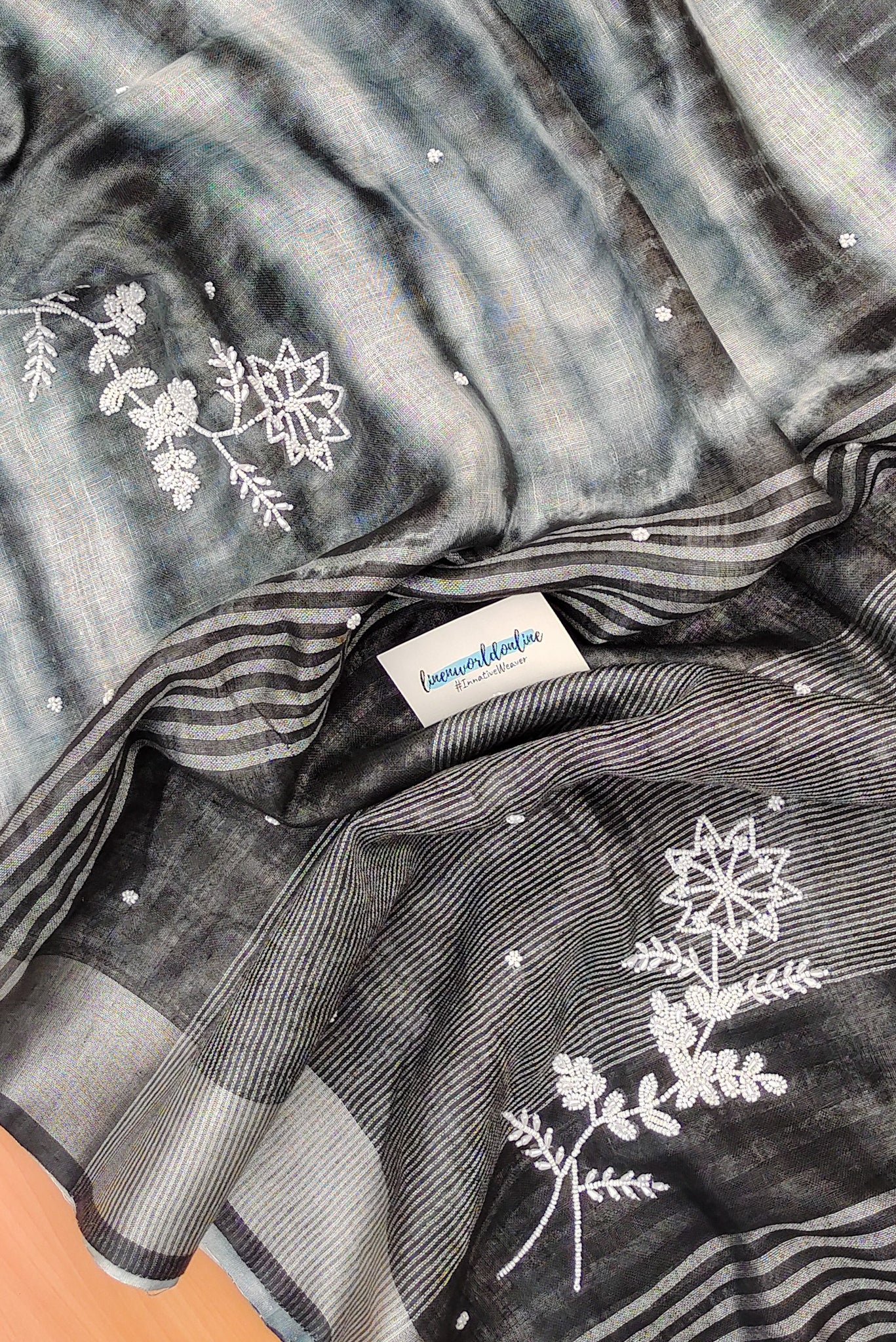 nyla - pure shibori linen pearl hand embroidered saree - linenworldonline.in