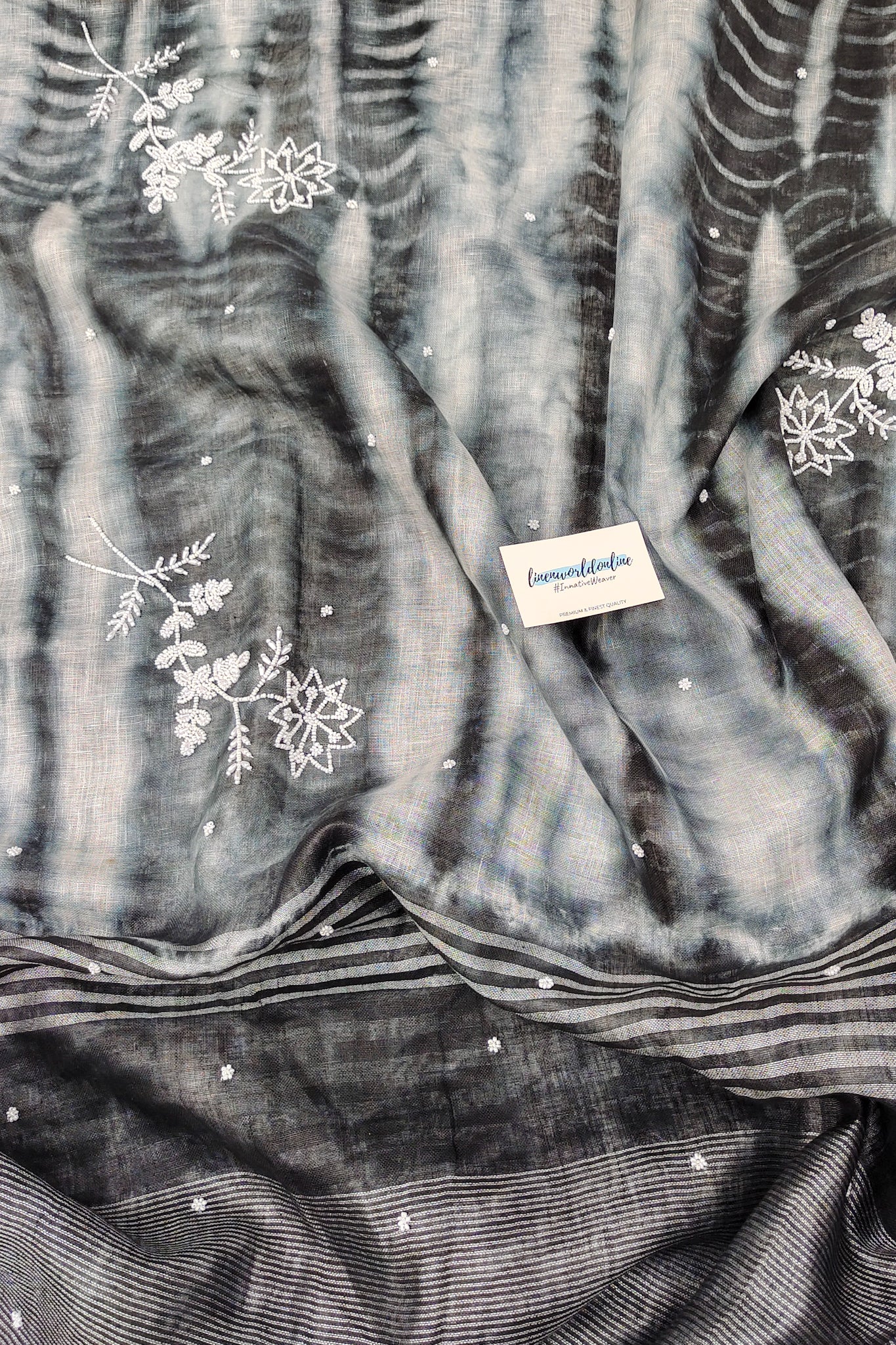 nyla - pure shibori linen pearl hand embroidered saree - linenworldonline.in