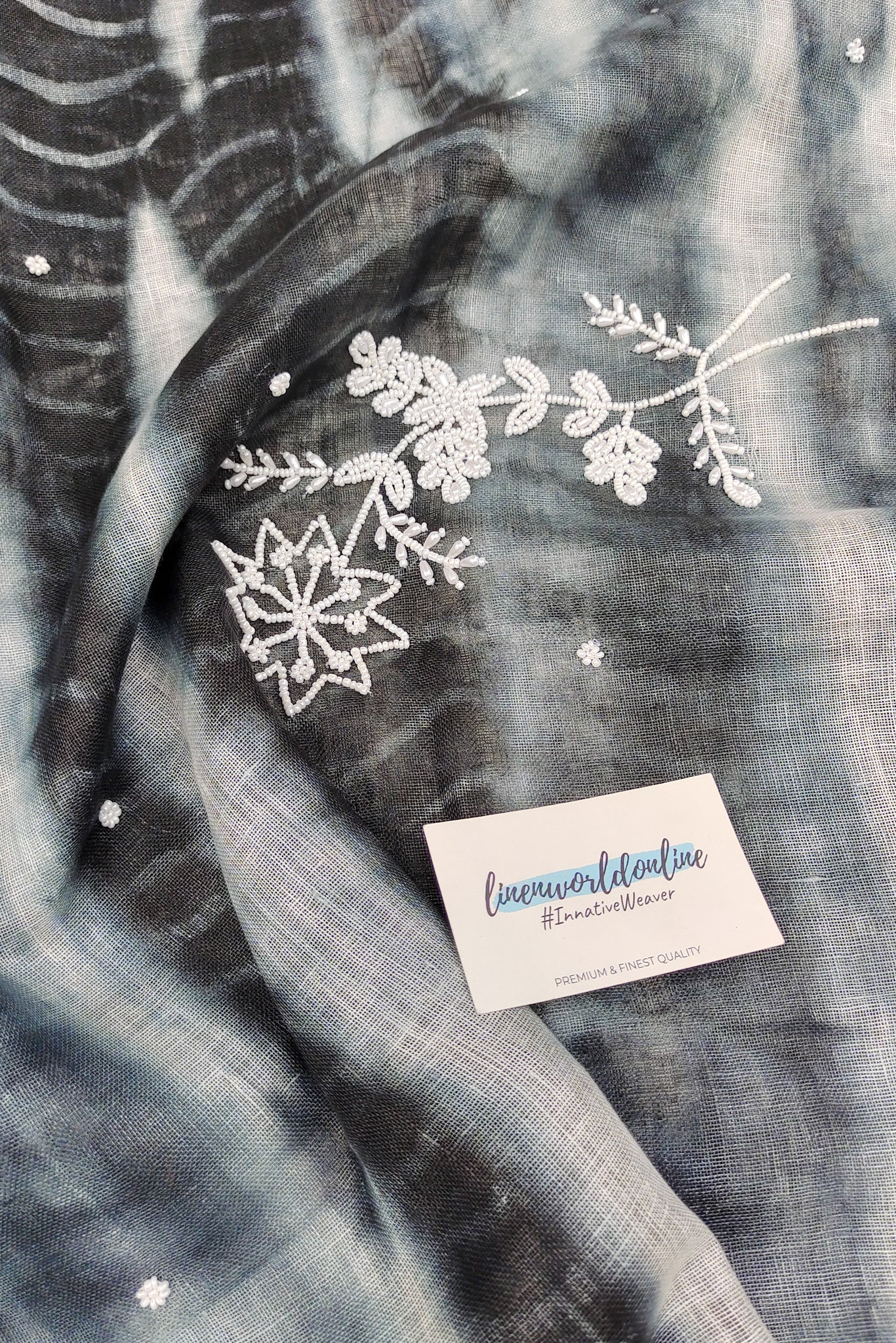 nyla - pure shibori linen pearl hand embroidered saree - linenworldonline.in