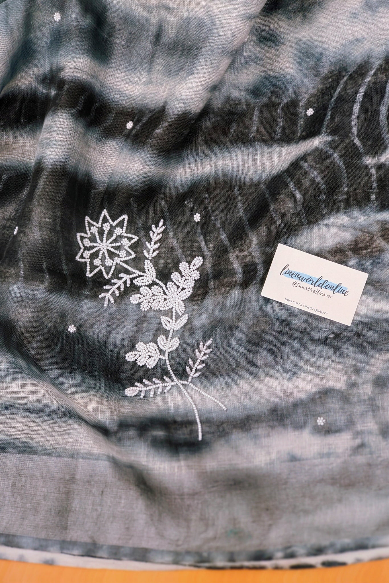 nyla - pure shibori linen pearl hand embroidered saree - linenworldonline.in
