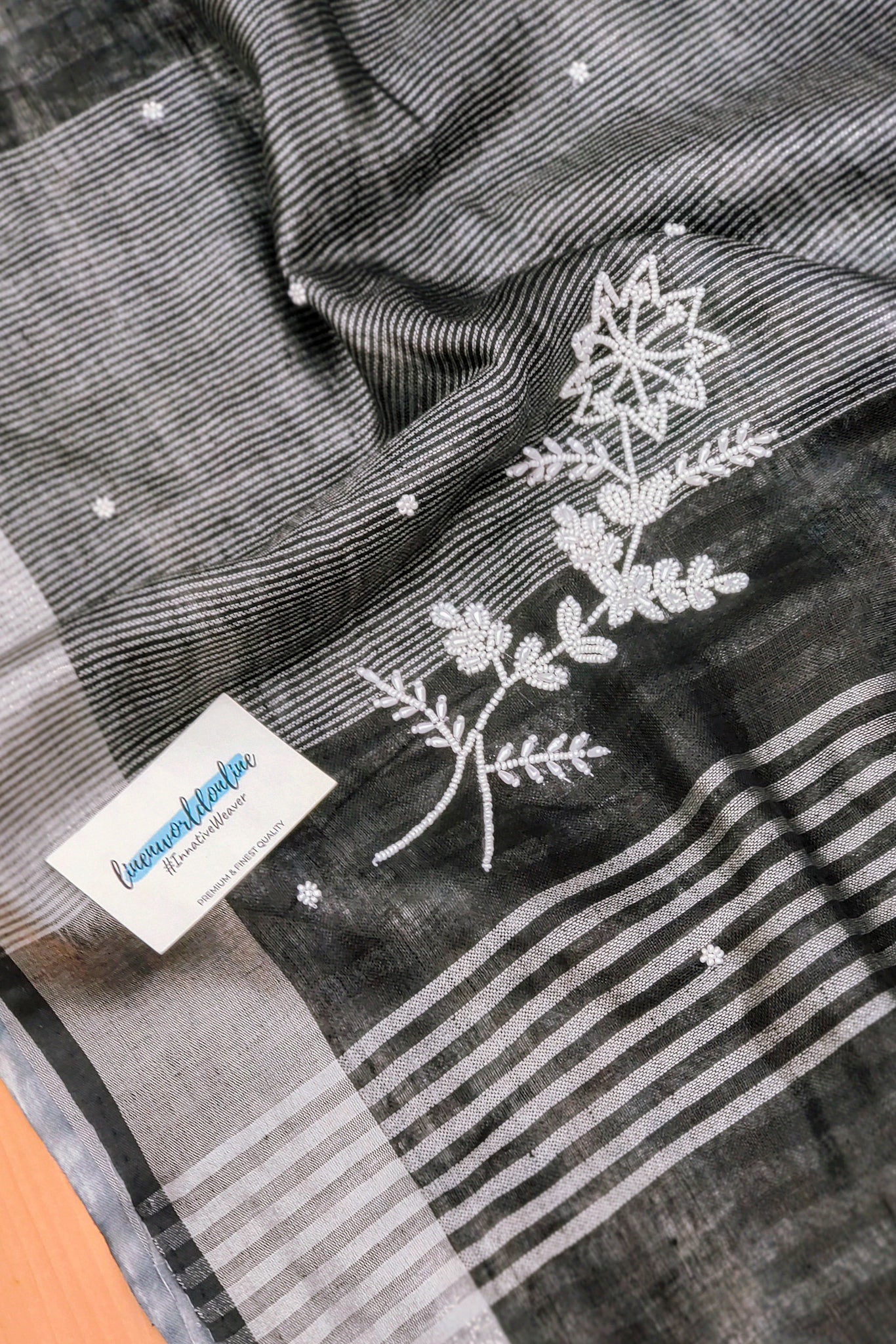 nyla - pure shibori linen pearl hand embroidered saree - linenworldonline.in