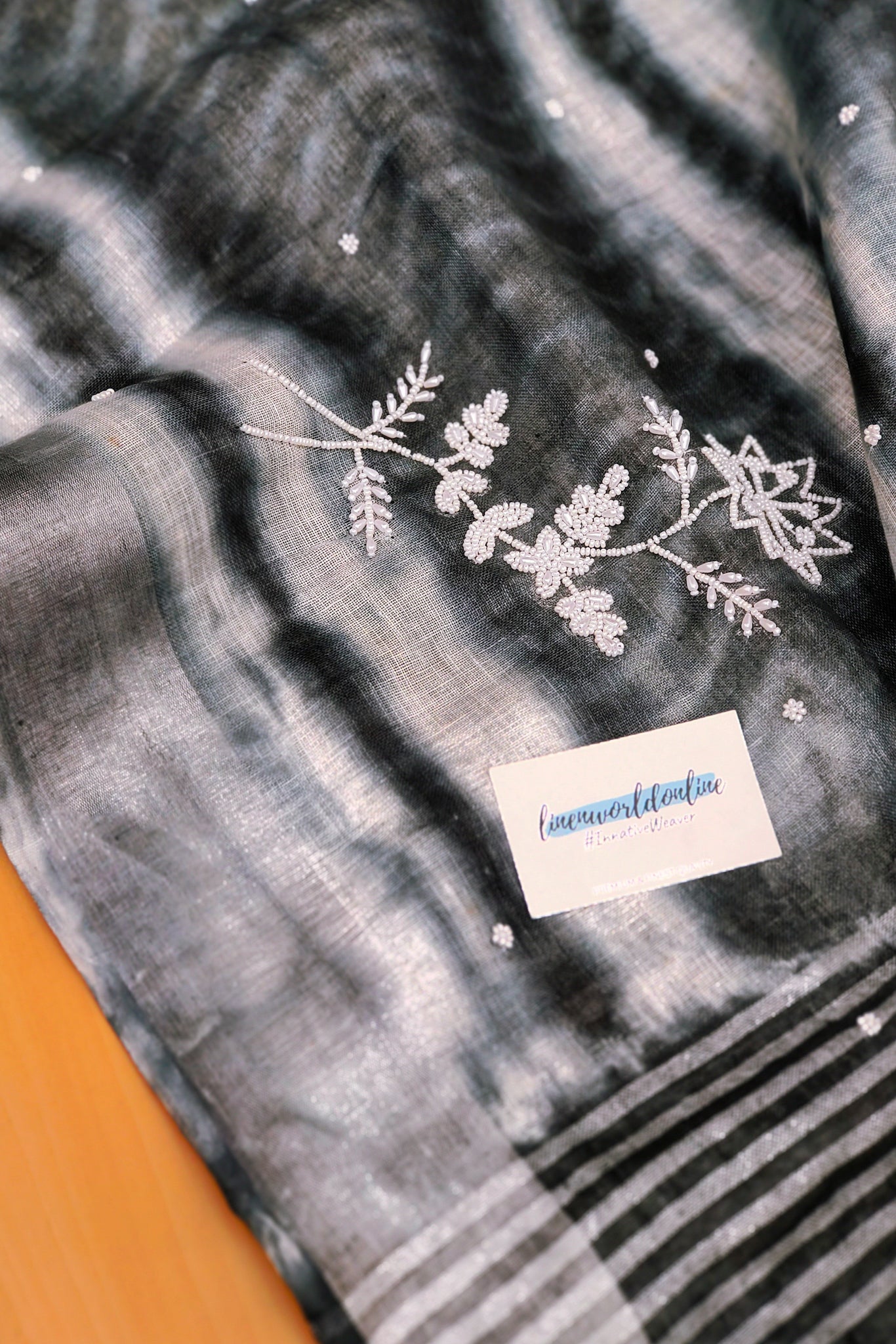 nyla - pure shibori linen pearl hand embroidered saree - linenworldonline.in